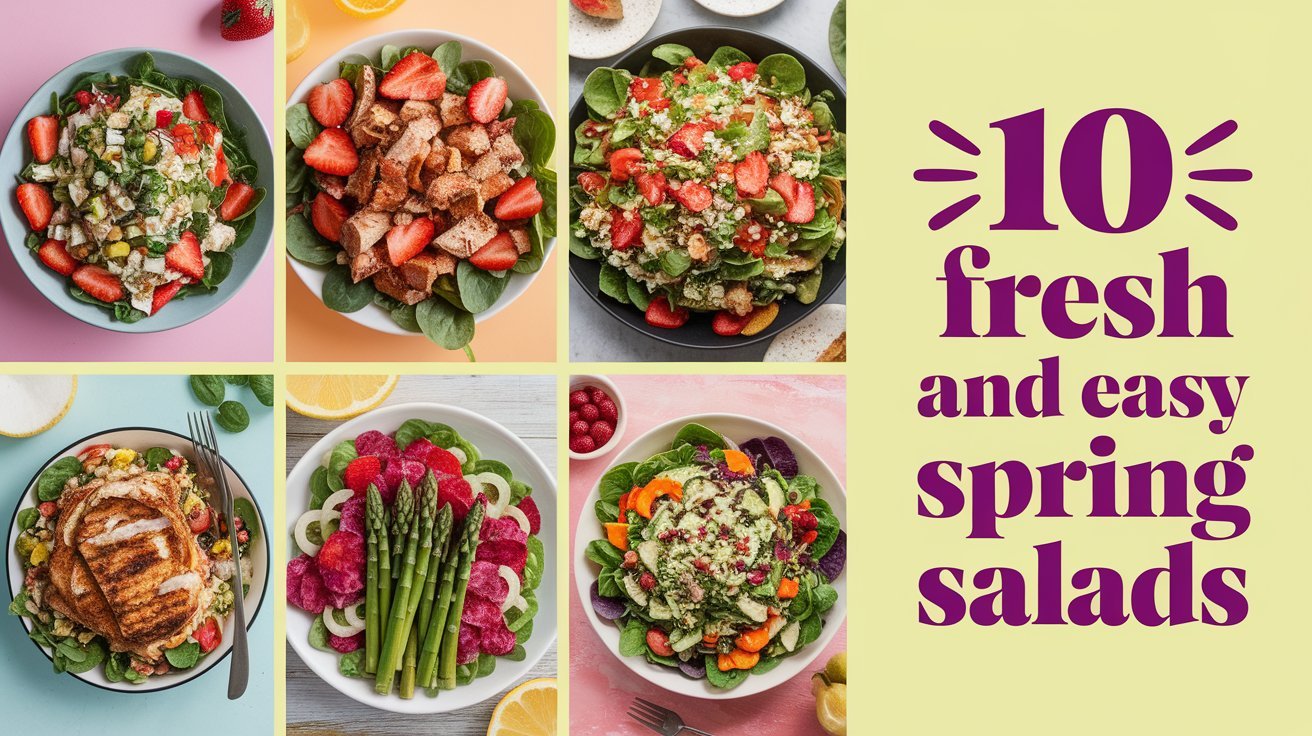 A vibrant photo collage featuring an assortment of fresh spring salads, each brimming with colorful ingredients such as strawberries, spinach, grilled chicken, asparagus, and assorted vegetables. The natural, rich colors highlight the freshness and variety of each dish, set against a soft, pastel background that enhances the warm, inviting atmosphere. Bold, whimsical, and fun text in a Pinterest-style font reads “10 Fresh and Easy Spring Salads” over the top right corner, adding a playful touch without cluttering the clean, uncluttered design.