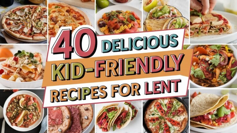 A pinterest pin titled "40 Delicious Kid-Friendly Recipes for Lent". The photo collage features a variety of appetizing dishes with rich, vibrant colors. There are dishes like spaghetti with meatballs, chicken nuggets, pizza, fish sticks, and macaroni and cheese. The background is a light blue color. There is a bold, whimsical, and fun text overlay with the title "40 Delicious Kid-Friendly Recipes for Lent". The design evokes a playful and inviting atmosphere.