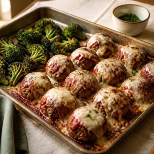 Cheesy Sheet Pan Meatballs & Roasted Broccoli Recipe