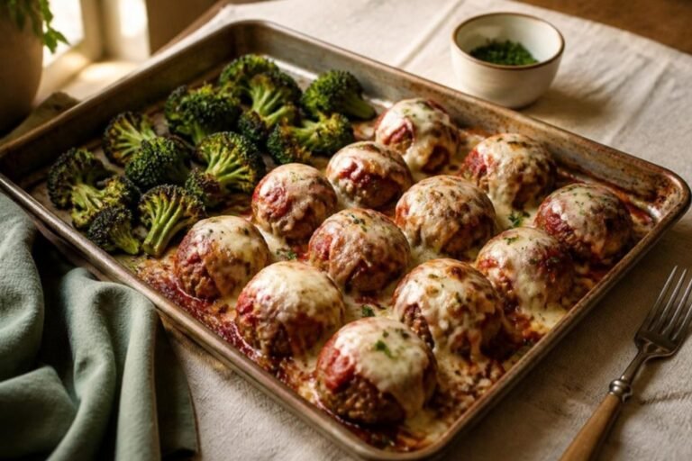Cheesy Sheet Pan Meatballs & Roasted Broccoli Recipe