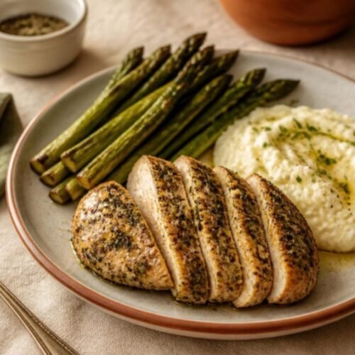Herb-Infused Garlic Roasted Chicken with Asparagus and Creamy Mashed Cauliflower