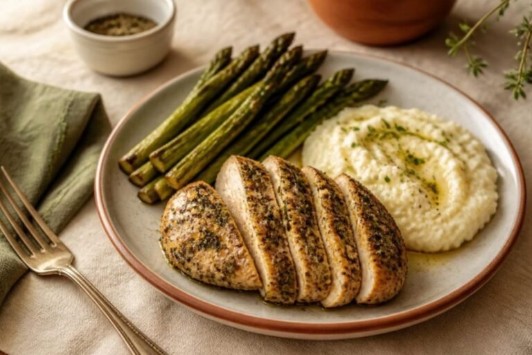 Herb-Infused Garlic Roasted Chicken with Asparagus and Creamy Mashed Cauliflower