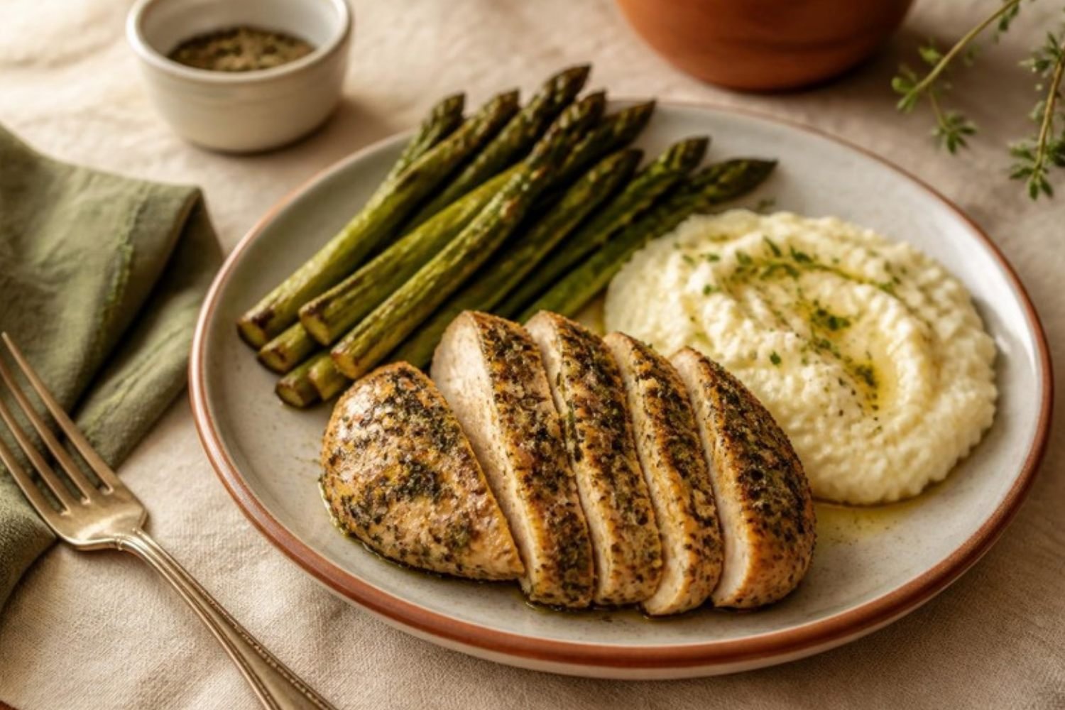 Herb-Infused Garlic Roasted Chicken with Asparagus and Creamy Mashed Cauliflower