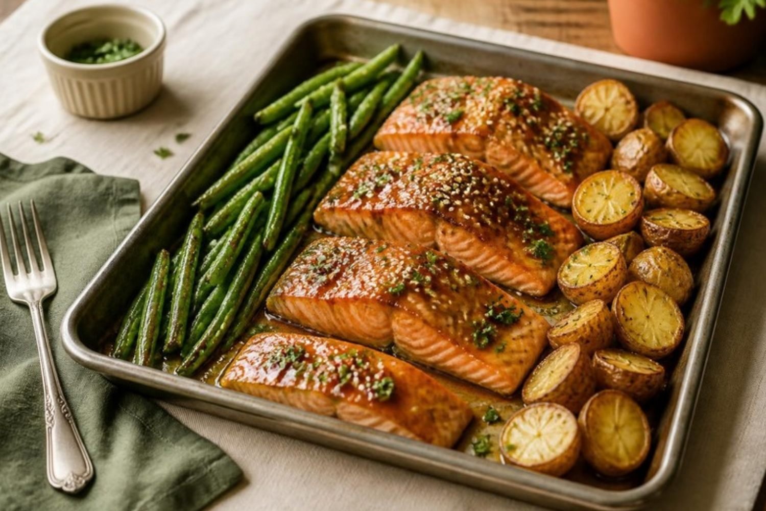 Honey Garlic Salmon with Green Beans and Baby Potatoes Sheet Pan Meal