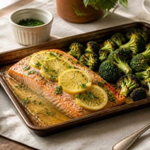 Lemon Butter Baked Salmon with Roasted Broccoli