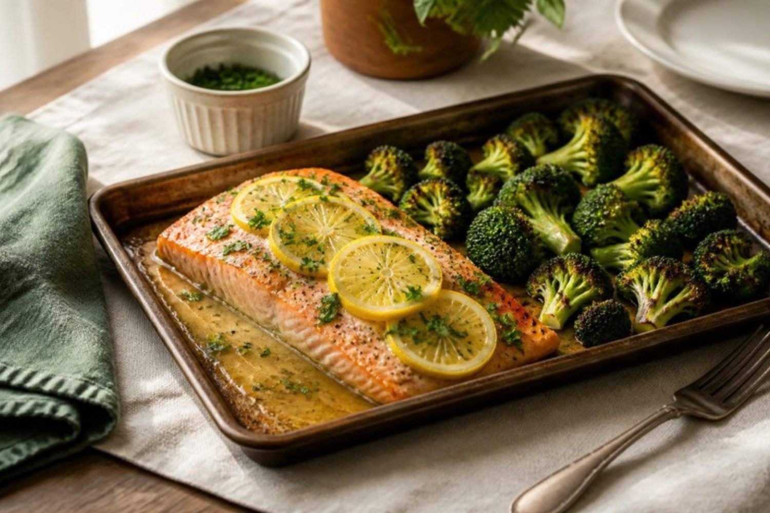 Lemon Butter Baked Salmon with Roasted Broccoli