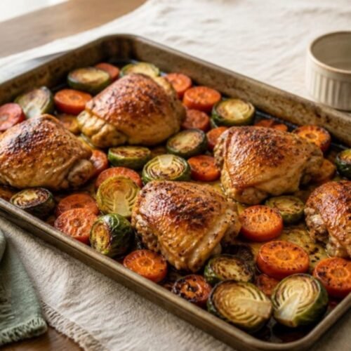 Maple Dijon Chicken with Roasted Carrots and Brussels Sprouts Sheet Pan Meal