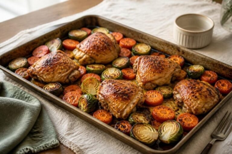 Maple Dijon Chicken with Roasted Carrots and Brussels Sprouts Sheet Pan Meal