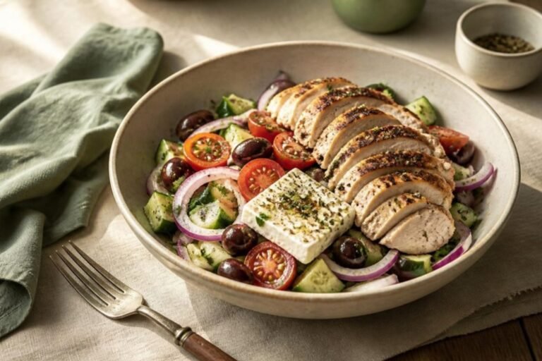 Refreshing Greek Salad with Feta and Grilled Chicken