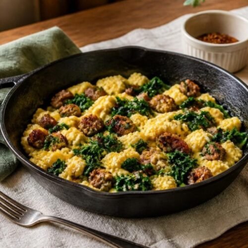 Savory Scrambled Eggs with Sausage and Sautéed Greens