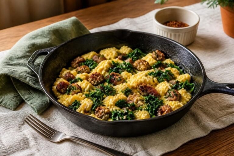 Savory Scrambled Eggs with Sausage and Sautéed Greens