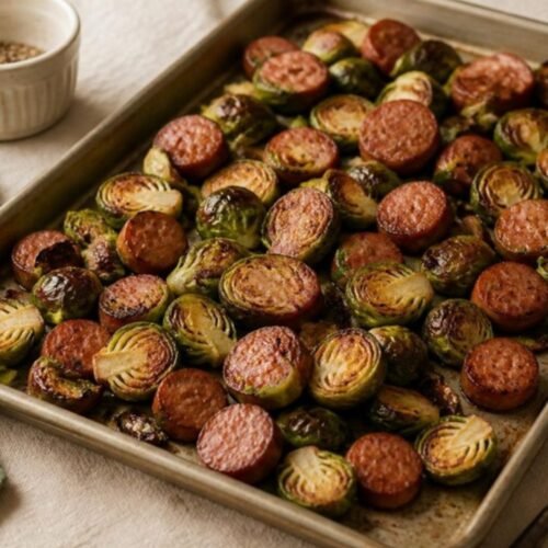 Savory Sheet Pan Sausage with Roasted Brussels Sprouts